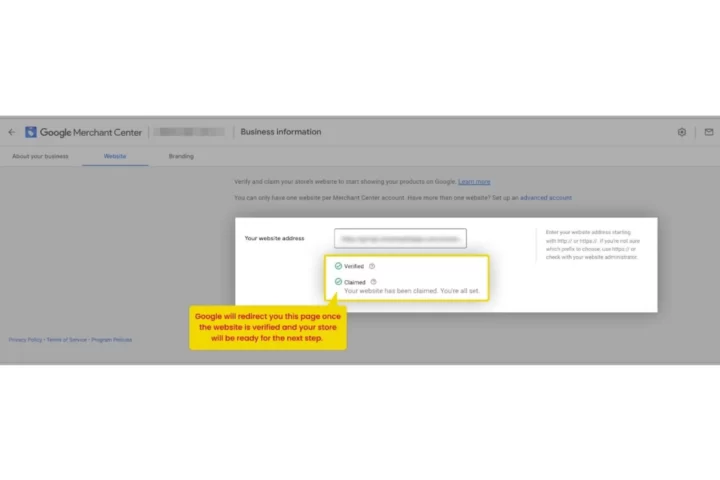 google merchant center claim Your Website page