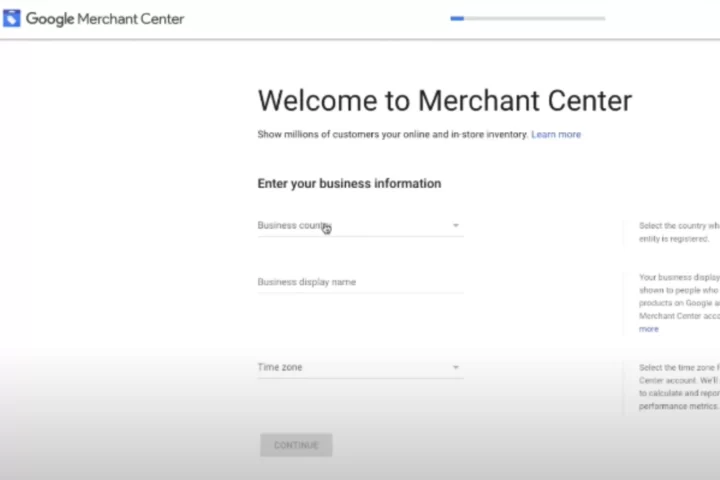 Google merchant center welcome page